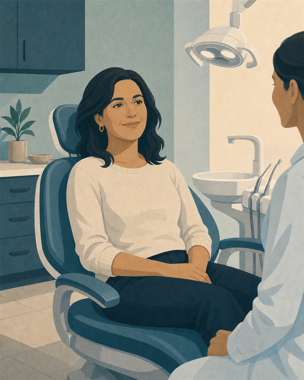 Mujer adulta en una consulta odontológica junto a la profesional